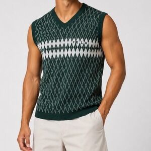 Fila‎ Mens XL Argyle Sweater Vest Forest Green White V-Neck Knit Cotton Blend